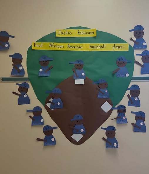 Jackie Robinson cut outs students made and put on a cut out of a baseball field.