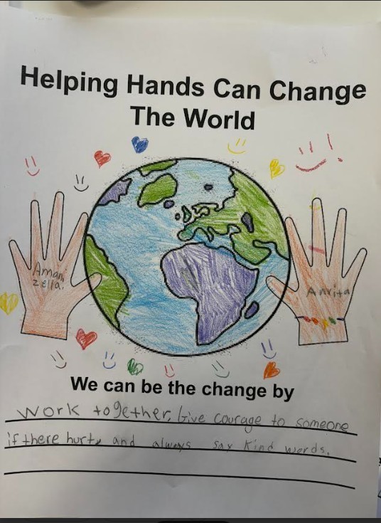A drawing of two hands holding a globe with a message. Text reads "Helping Hands Can Change The World".