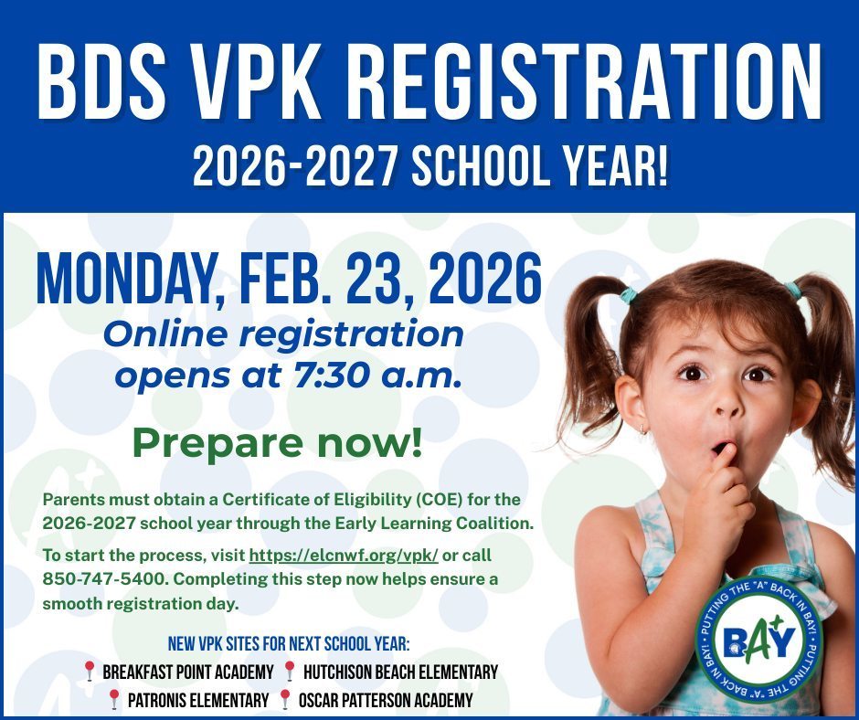 A picture of a little girl with pigtails and in large print "BDS VPK REGISTRATION 2026-2027 SCHOOL YEAR!"