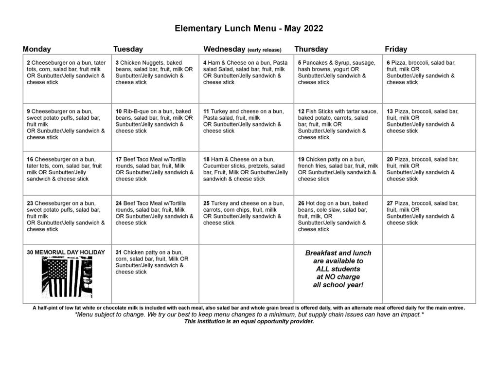 Updated May Lunch Menu