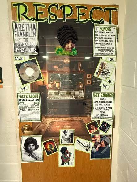 A door decorated for Black History Month and says Respect at the top. 