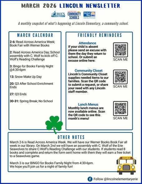 The March 2026 Lincoln Elementary Newsletter.