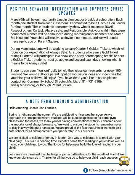 The March 2026 Lincoln Elementary Newsletter.