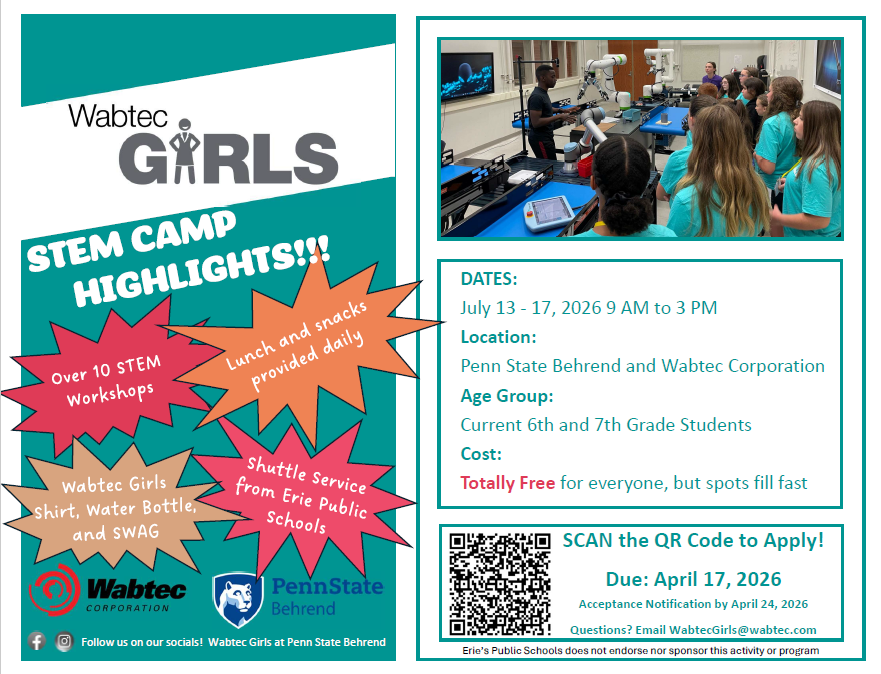 Wabtec Girls STEM Camp is for 6th- and 7th-grade students, is free, and the application deadline is April 17.