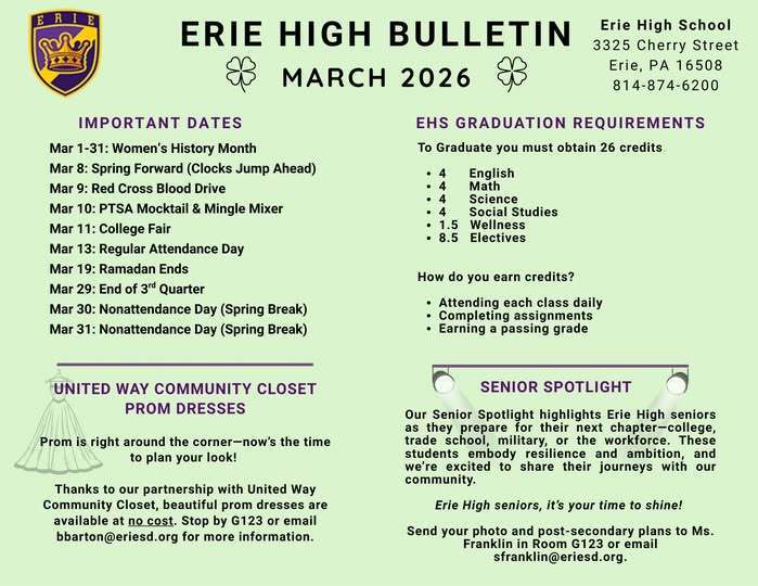Erie High School important information such as dates, prom, graduation requirements and senior spotlight for March.