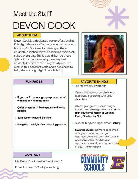 Staff spotlight that includes fun facts, favroite things, and a little bit about the staff member.