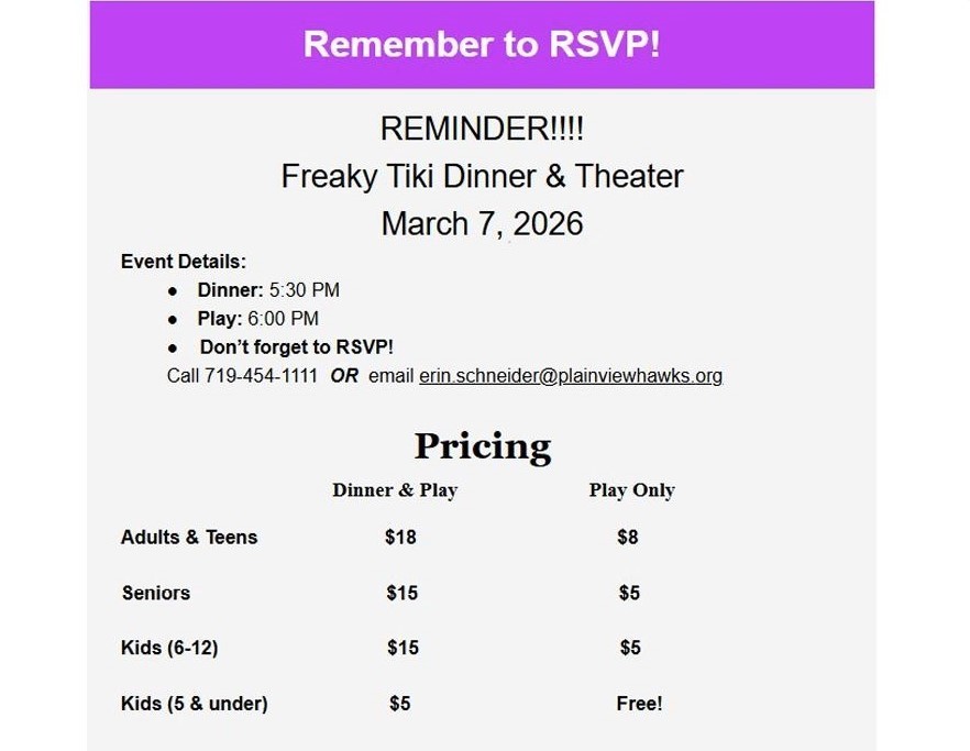Reminder to RSVP for Freaky Tiki Dinner & Theater
