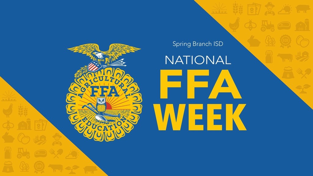 Blue and yellow background with the National FFA logo featuring an eagle, shield, and plow. Text reads "National FFA Week."