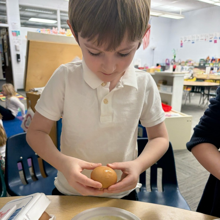 Students cracking open eggs.