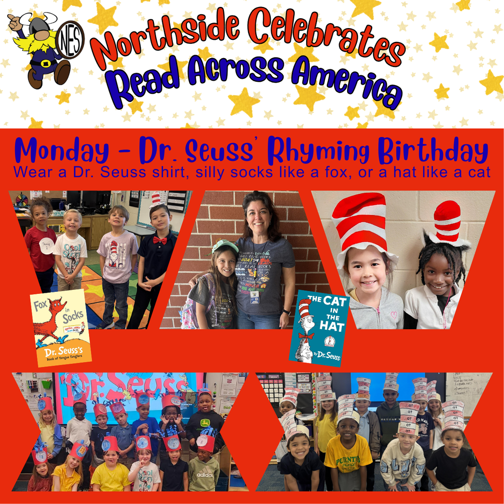 Images of students and staff wearing Dr. Seuss hats and shirts smiling