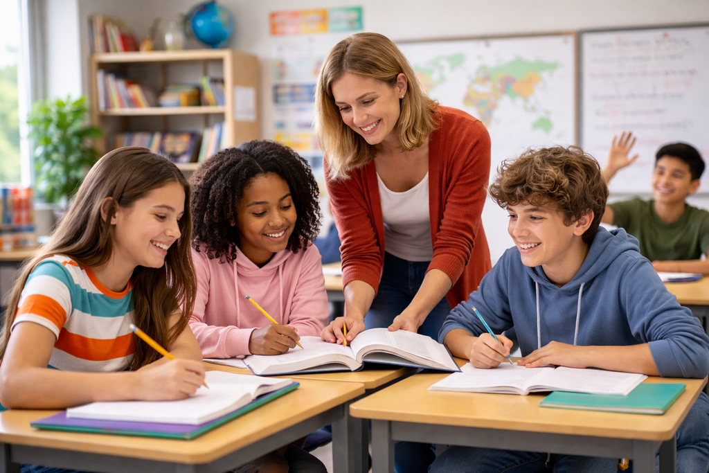 Engaged middle school students learning