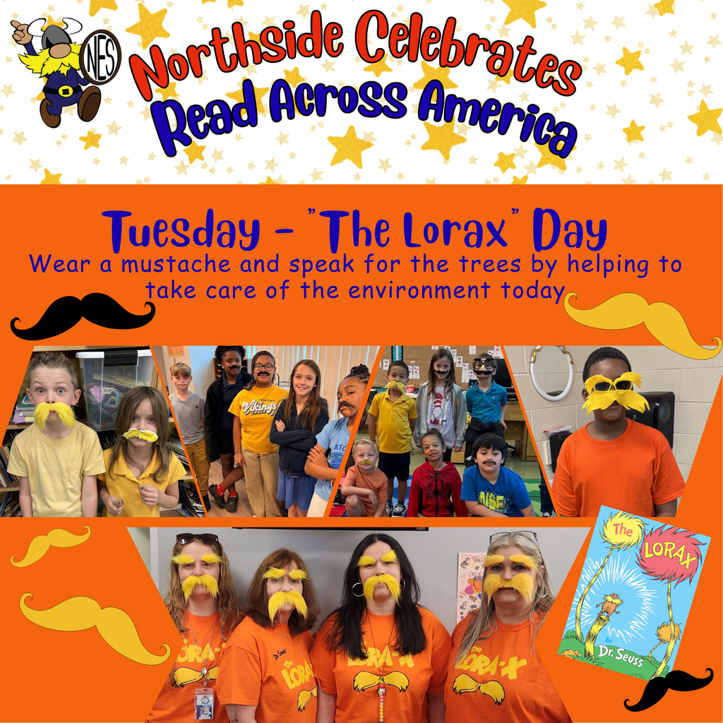 Photos of students and staff with mustaches on. Orange background "The Lorax" Read Across America Week