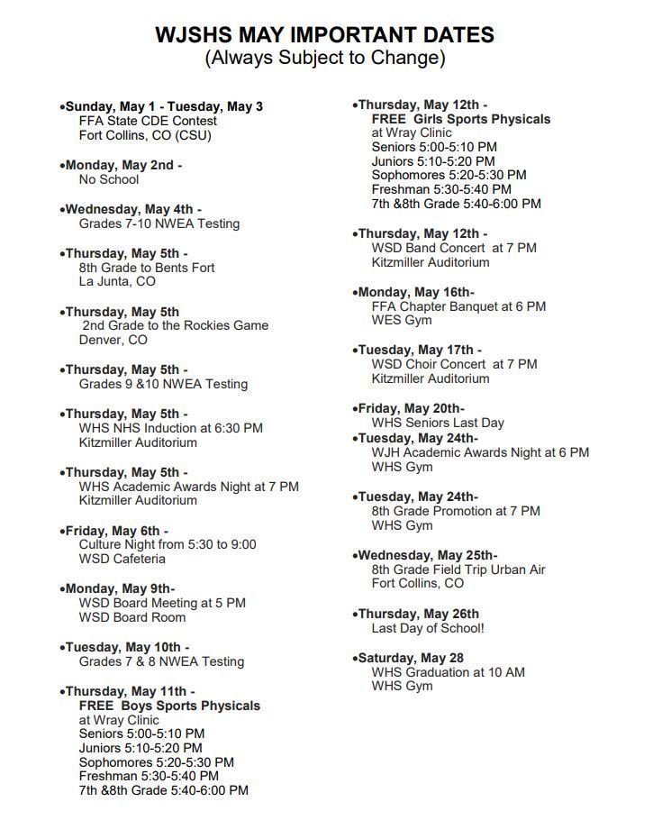 WJSHS MAY IMPORTANT DATES 