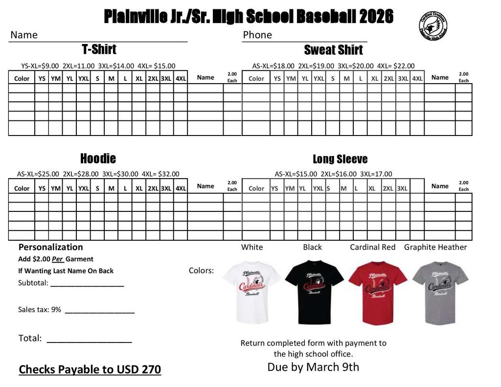 Baseball order forms