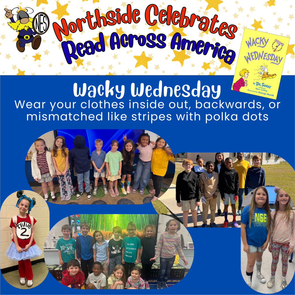 students in backwards and patterned clothes for wacky wednesday on a blue background