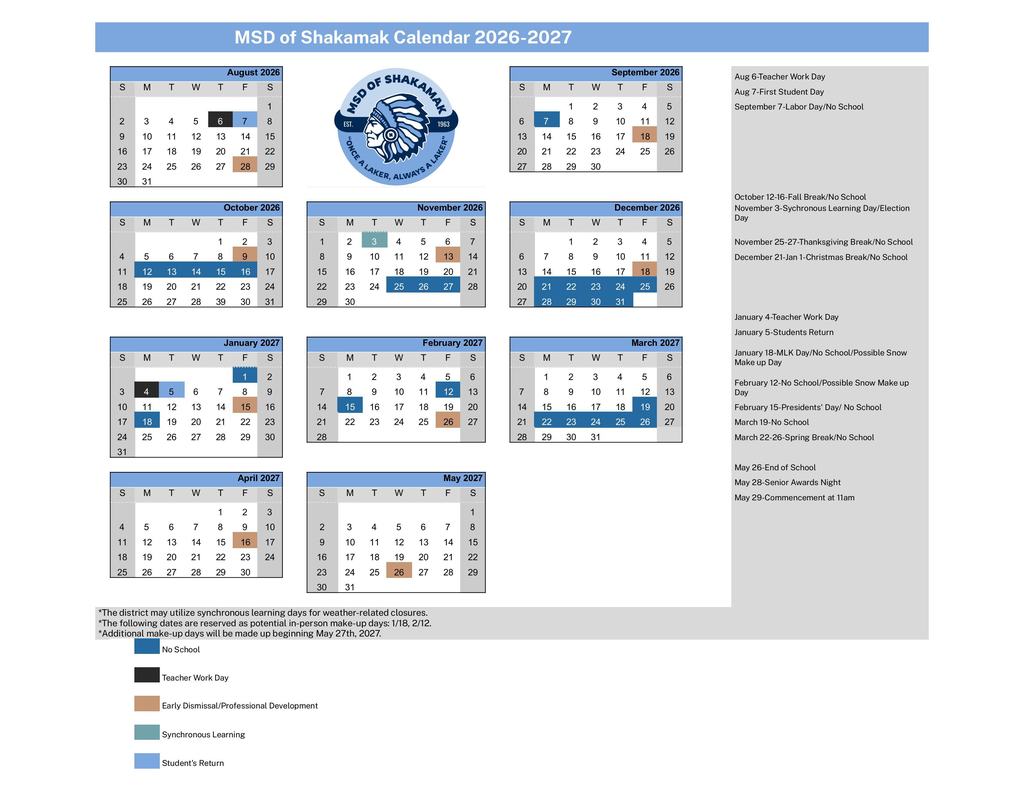 MSD of Shakamak Calendar 2026-27