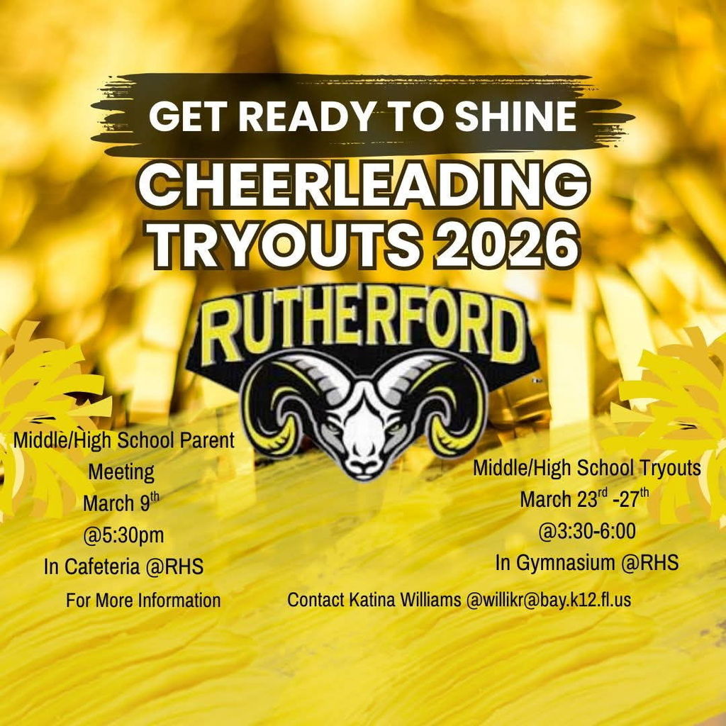 Rutherford Cheer tryouts - Parent meeting March 9 at 5:30pm, Tryouts March 23-27, 3:30p-6p