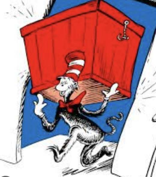 Cat in the Hat holding a red box. 
