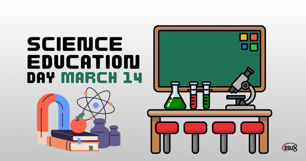 Science Education Day is March 14. There is a graphic of a science classroom desk with chemistry equipment. Another graphic shows a magnet, textbooks, an apple, and other science education related items.