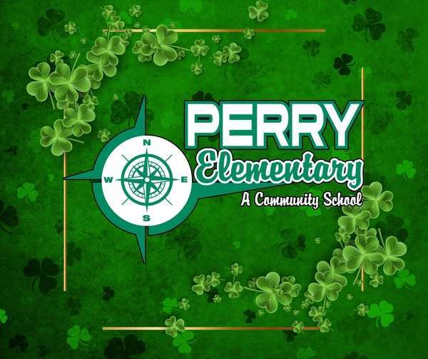 Perry Elementary School logo on a green St. Patrick's themed background. 