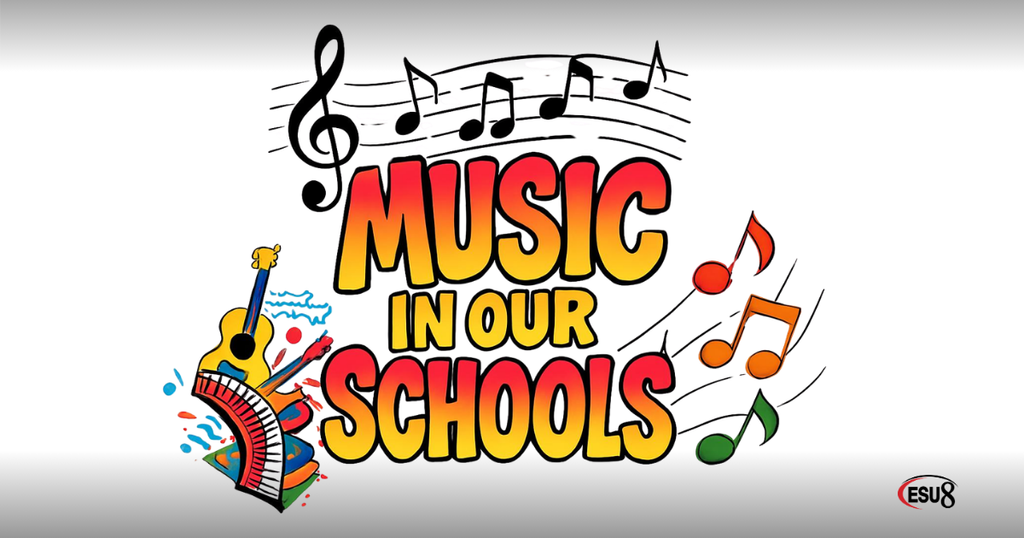 Music in our schools in orange and yellow colors, musical notes, and painted musical instruments in lower left corner