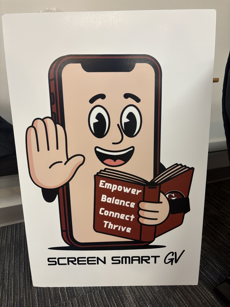 Screen Smart GV Poster includes a friendly face on a cellphone holding its hand up. The cellphone is holding a garnet red book that says Empower, Balance, Connect, Thrive.