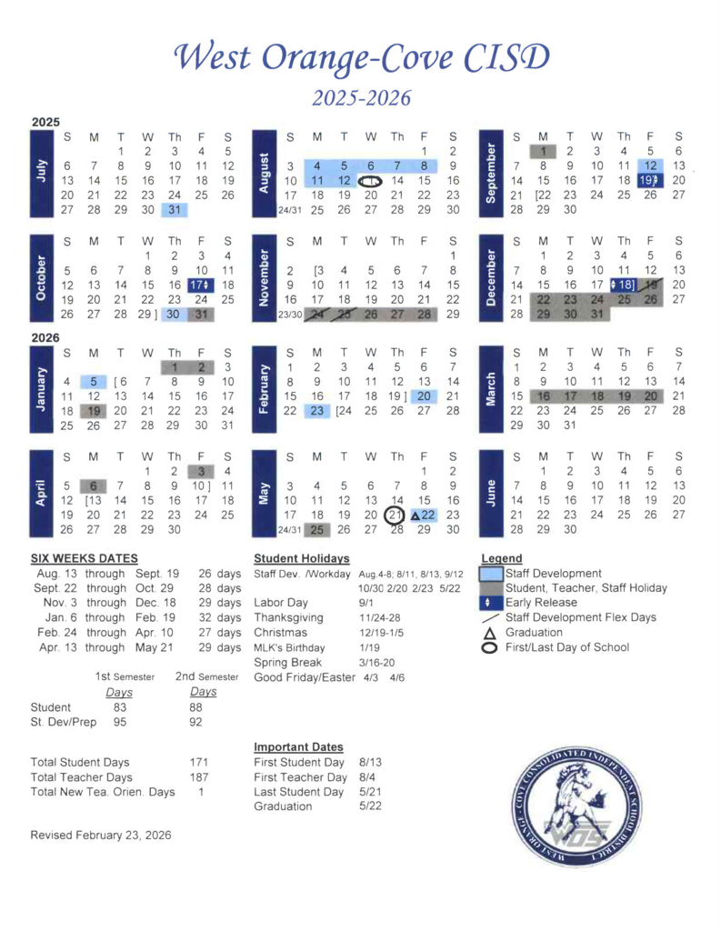 WOCCISD Revised Calendar 2025-2026