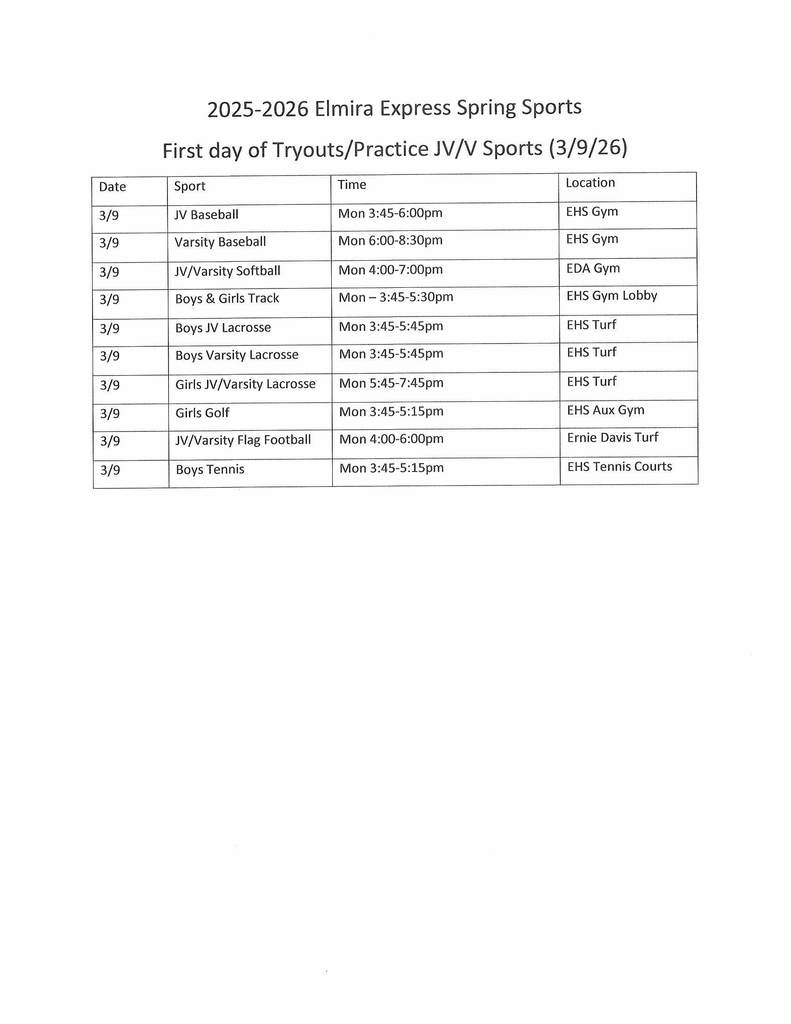 25-26 Spring First Day Tryout Schedule
