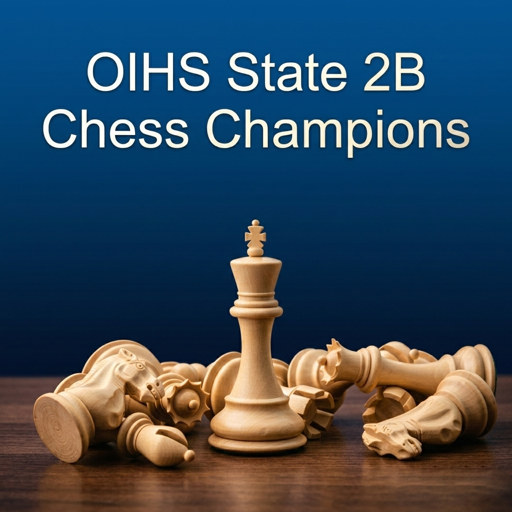 "OIHS State 2B Chess Champions" written above a king chess piece surrounded by fallen chess pieces.