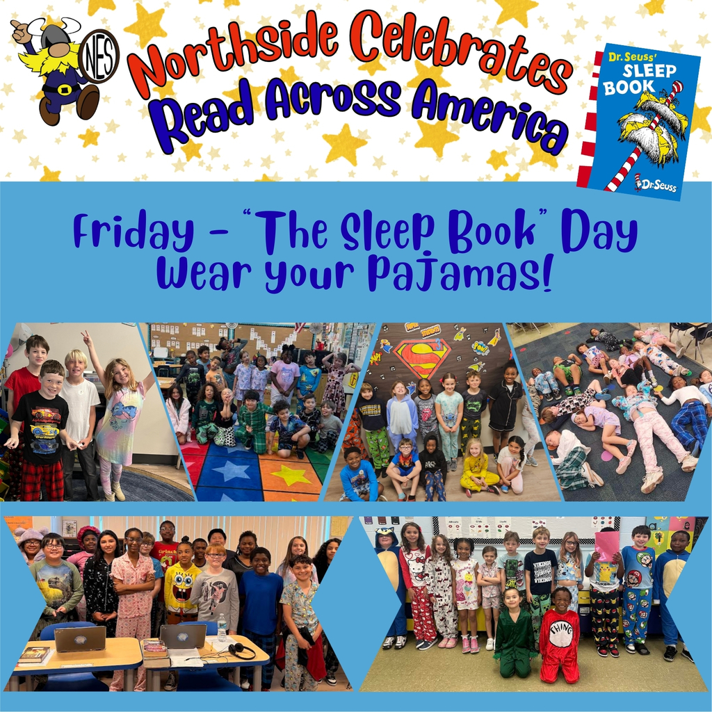 blue background with photos of students and their classes wearing pajamas