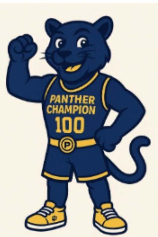 A blue Panther that has yellow shoes and it says Panther Champion 100 on his shirt. 