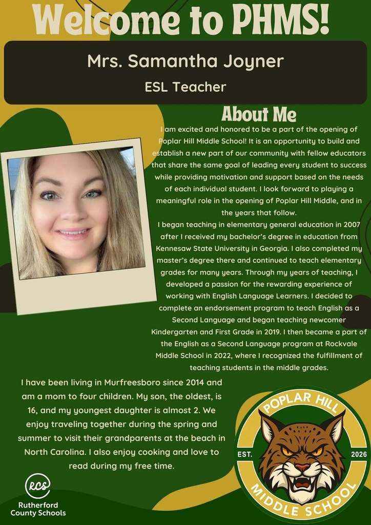 Poster for teacher Mrs. Samantha Joyner at Poplar Hill Middle School. It includes a picture of her, a welcome message, and a brief description of her teaching history.
