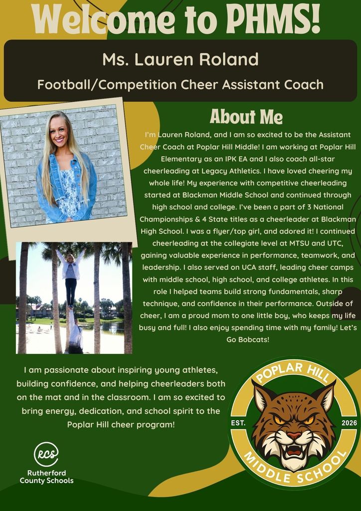 Green banner with white text. Image of a woman. Text: Welcome to PHMS! Ms. Lauren Roland Football/Competition Cheer Assistant Coach.
