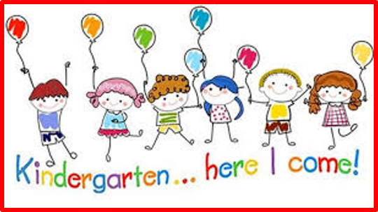 Stick figure drawings of children with balloons with sentence "Kindergarten here I come!"