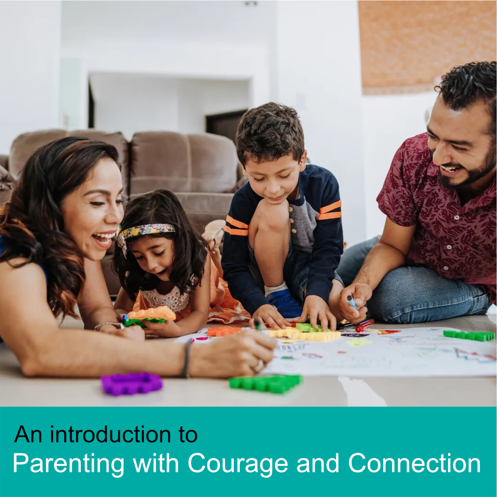 An introduction to parenting with courage and connection with a picture of a family coloring on the floor