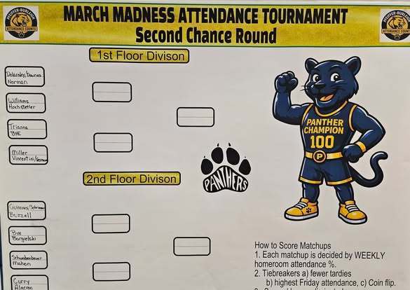 March Madness Attendance Tournament chart for the First and Second Floor Division at Pfeiffer Burleigh Elementary.