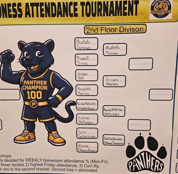 March Madness Attendance Tournament chart for the Second Floor Division at Pfeiffer Burleigh Elementary.