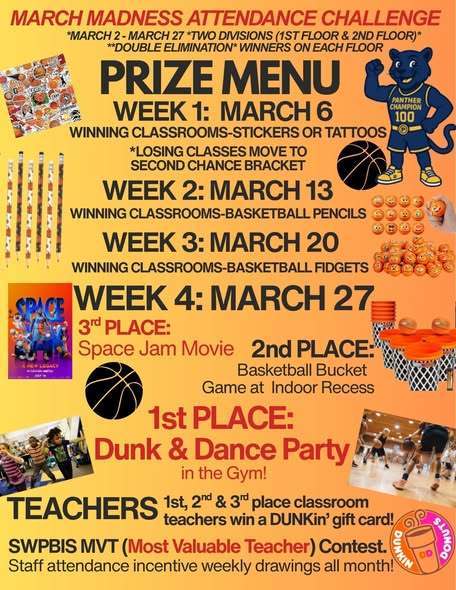 March Madness Attendance Challenge Prizes for each day at Pfeiffer-Burleigh.