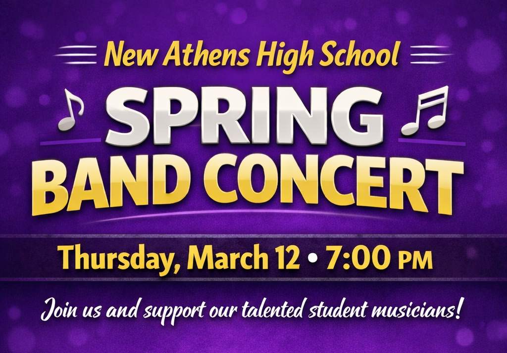 Purple promotional poster for New Athens High School’s “Spring Band Concert” featuring musical note icons. Event details read: “Thursday, March 12 • 7:00 PM” and “Join us and support our talented student musicians!” Text is in bold white and gold lettering on a purple background.