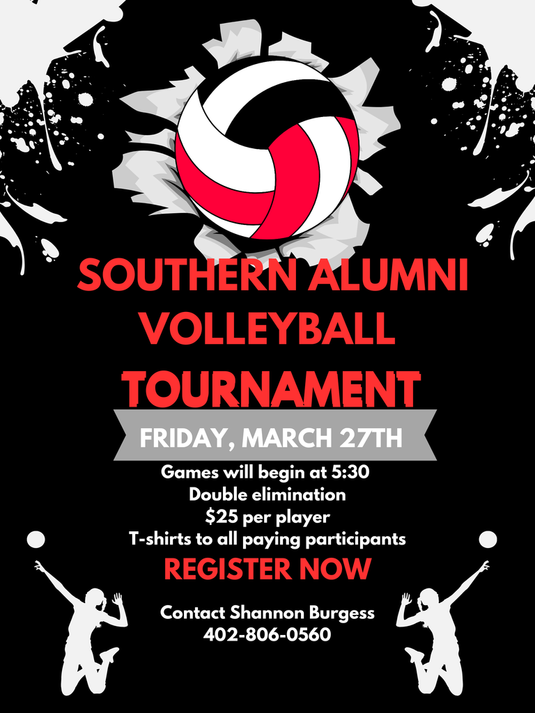 This is a flyer for the Southern Alumni Volleyball Tournament on Friday, March 27th