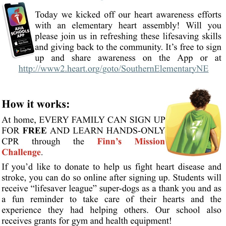 The image is of a flyer advertising the kick off of the Kids Heart Challenge for Southern Elementary