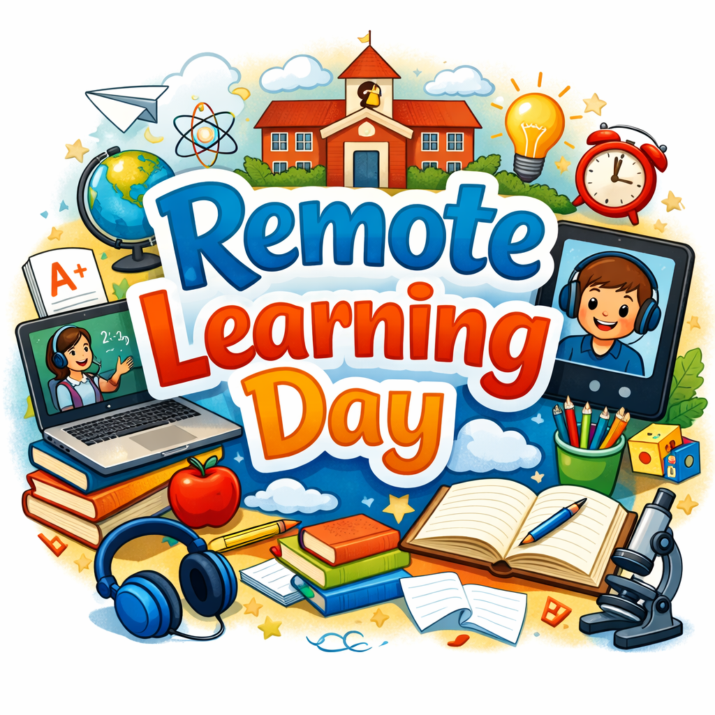 Colorful illustration with the words “Remote Learning Day” in large blue and orange letters. Surrounding the text are school-themed images including a red school building, a globe, a laptop with a teacher on screen, a tablet with a student wearing headphones, books, an apple, pencils, a notebook, headphones, a microscope, a light bulb, and an alarm clock.