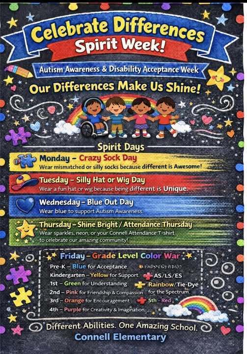 A flyer for spirit week at JoAnna Connell highlighting how each day is celebrated. 