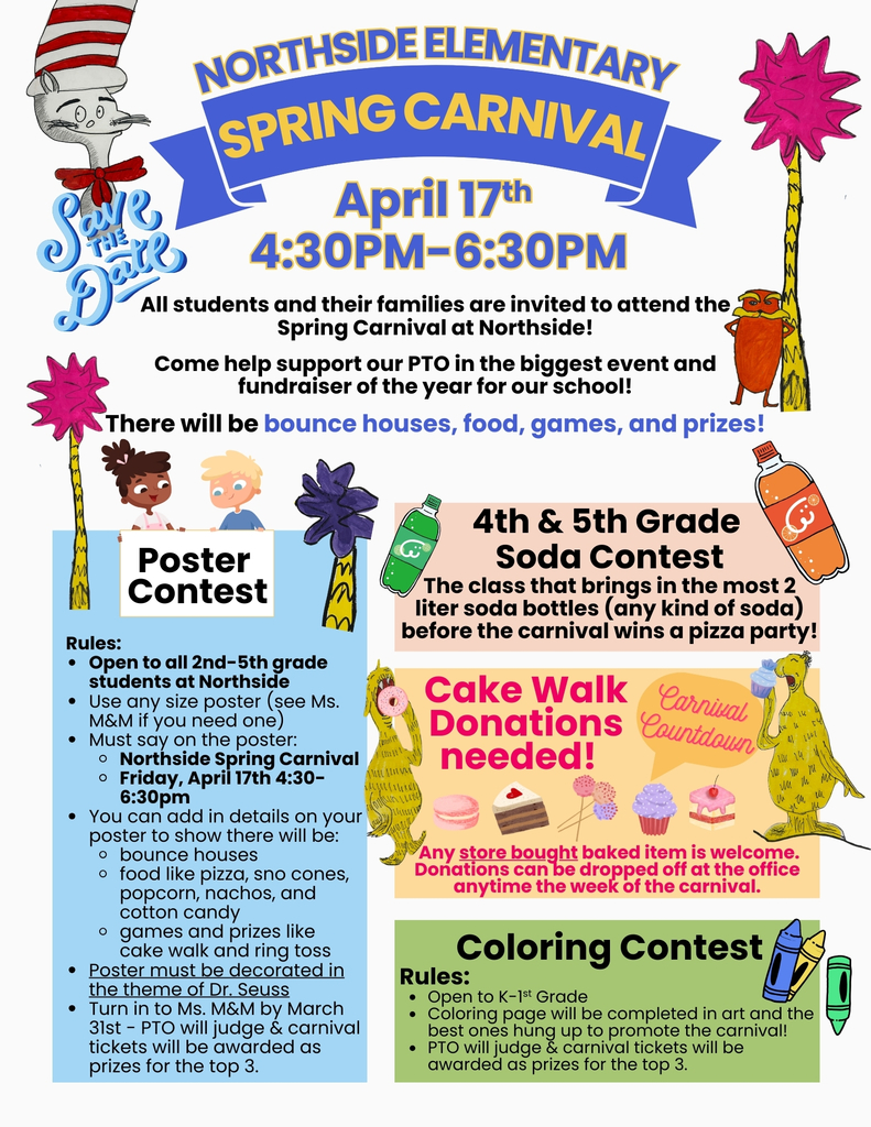 Flyer with details about the contests that students can get from a teacher along with student drawings of Dr. Seuss characters