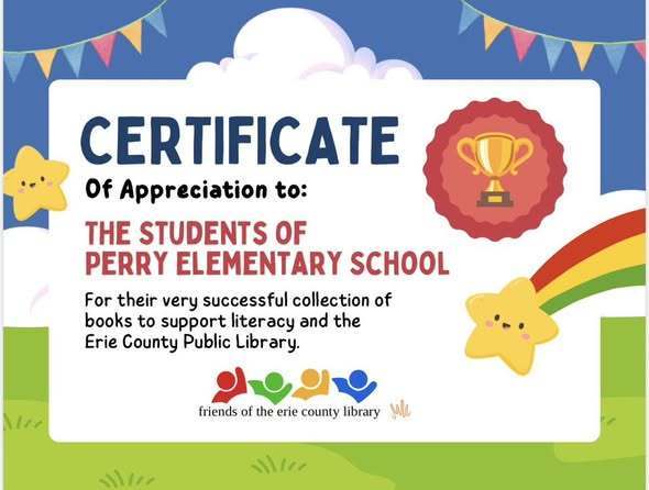 A certificate of Appreciation of Perry Elementary for successfully collecting books to support the Erie County Library. 