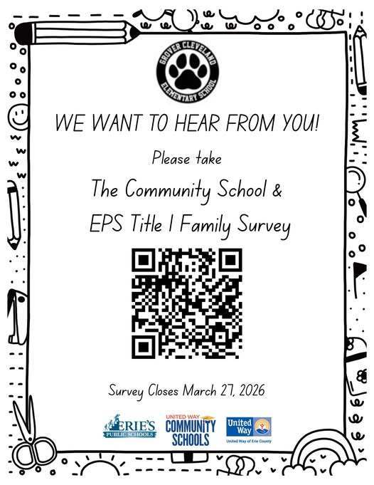 A QR code for parents to fill out the Title 1 Family survey by March 27.