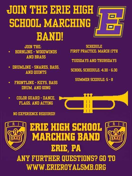 A flyer encouraging students to join the Erie High School Marching Band.