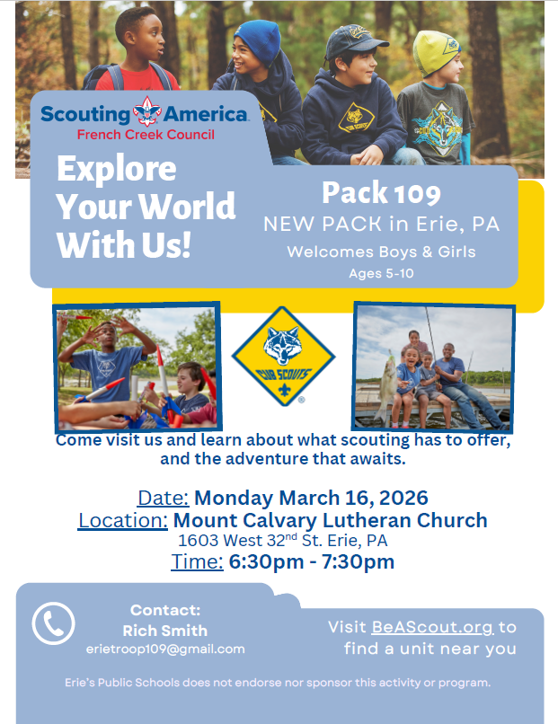 Scouting America - French Creek Council is inviting families to learn more about scouting on Monday, March 16 at Mount Calvary Lutheran Church from 6:30 PM - 7:30 PM.
