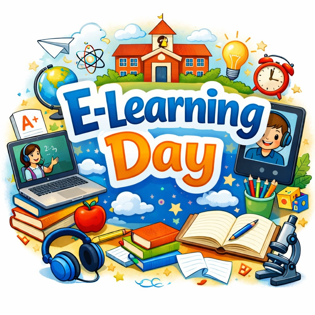 Colorful illustration with the words “E-Learning Day” in large letters, surrounded by school-themed items including a red schoolhouse, laptop with a teacher on screen, tablet with a student wearing headphones, books, globe, apple, microscope, alarm clock, light bulb, and pencils, representing online learning.