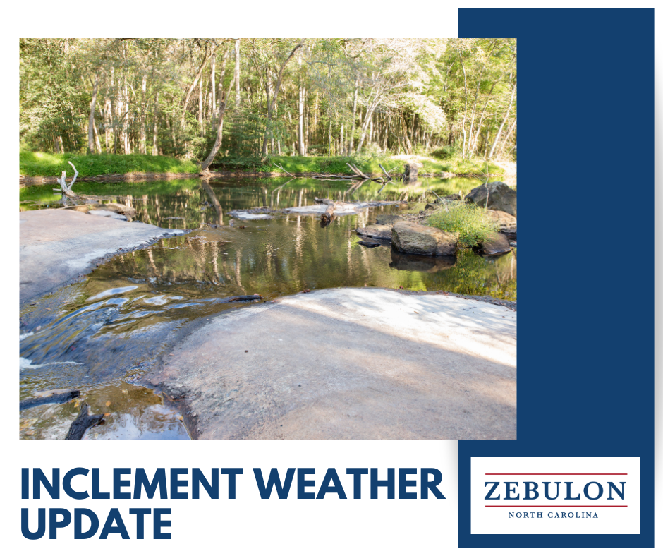 Weather Update Due to the Level 4 (Moderate) risk for severe weather tomorrow, the Zebulon Community Center will close at 1 p.m. All Town of Zebulon Parks and Recreation programs scheduled after 1 p.m. are canceled. Town staff will continue monitoring weather conditions and will share updates if needed. Please continue to monitor the Town of Zebulon’s official social media channels and the National Weather Service for important weather updates and alerts.